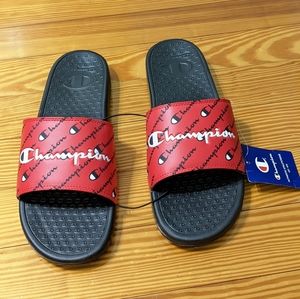 Champion Red, Black,& White Repeated Logo Slides for Men, Size 13, NWT